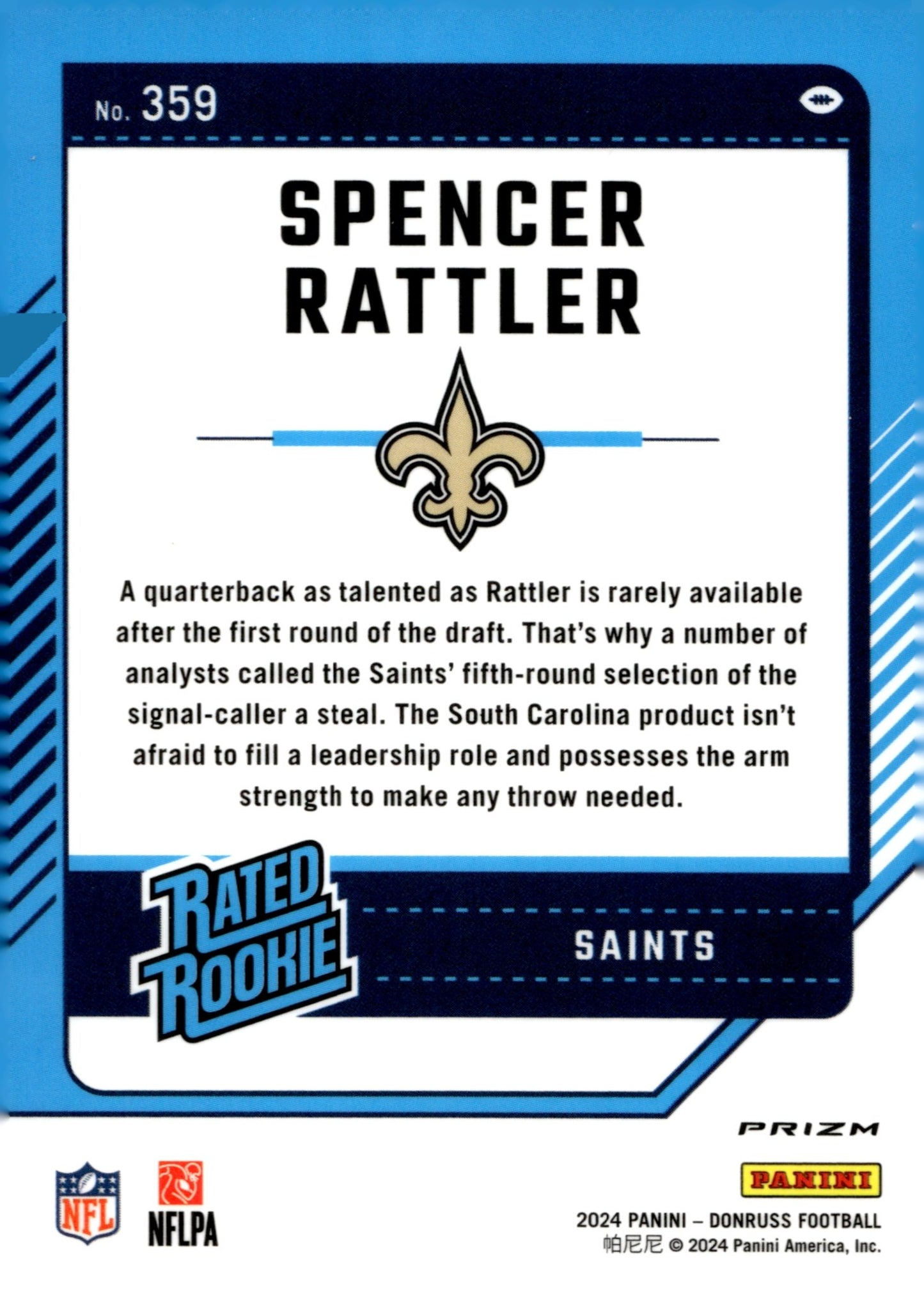 Spencer Rattler 2024 Panini Donruss Rated Rookie Tri Color Prizm RC #359 - Collector Store LLC