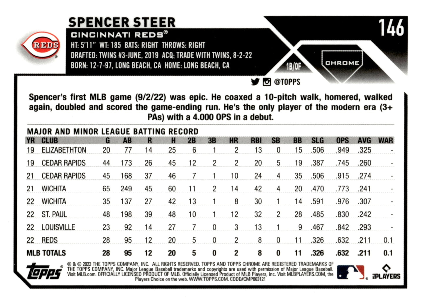 Spencer Steer 2023 Topps Chrome Sepia Refractor RC #146 - Collector Store LLC