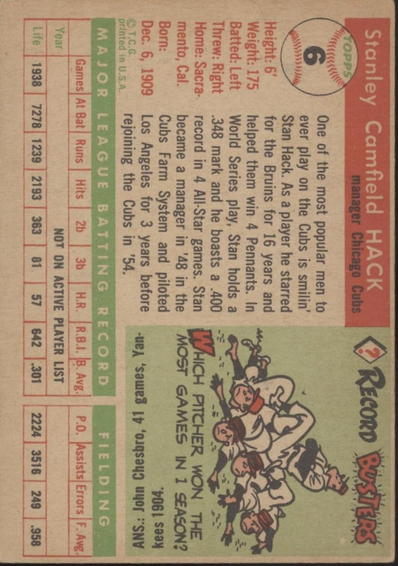 Stan Hack 1955 Topps #6 Chicago Cubs GD #2 - Collector Store LLC