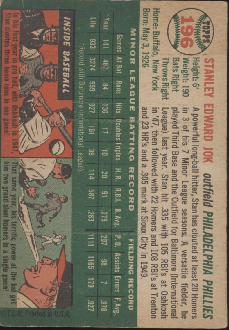 Stan Jok 1954 Topps RC #196 Philadelphia Phillies VG - Collector Store LLC