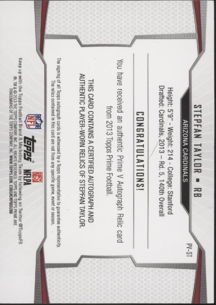 Stepfan Taylor 2013 Topps Prime Level V Swatches RC Auto 166/499 #PV - ST - Collector Store LLC