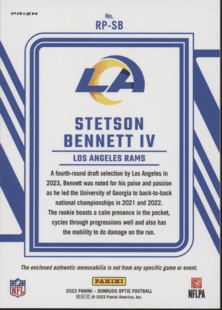 Stetson Bennett IV 2023 Donruss Optic Phenom Blue Prism Prizm Swatch #RP - SB - Collector Store LLC