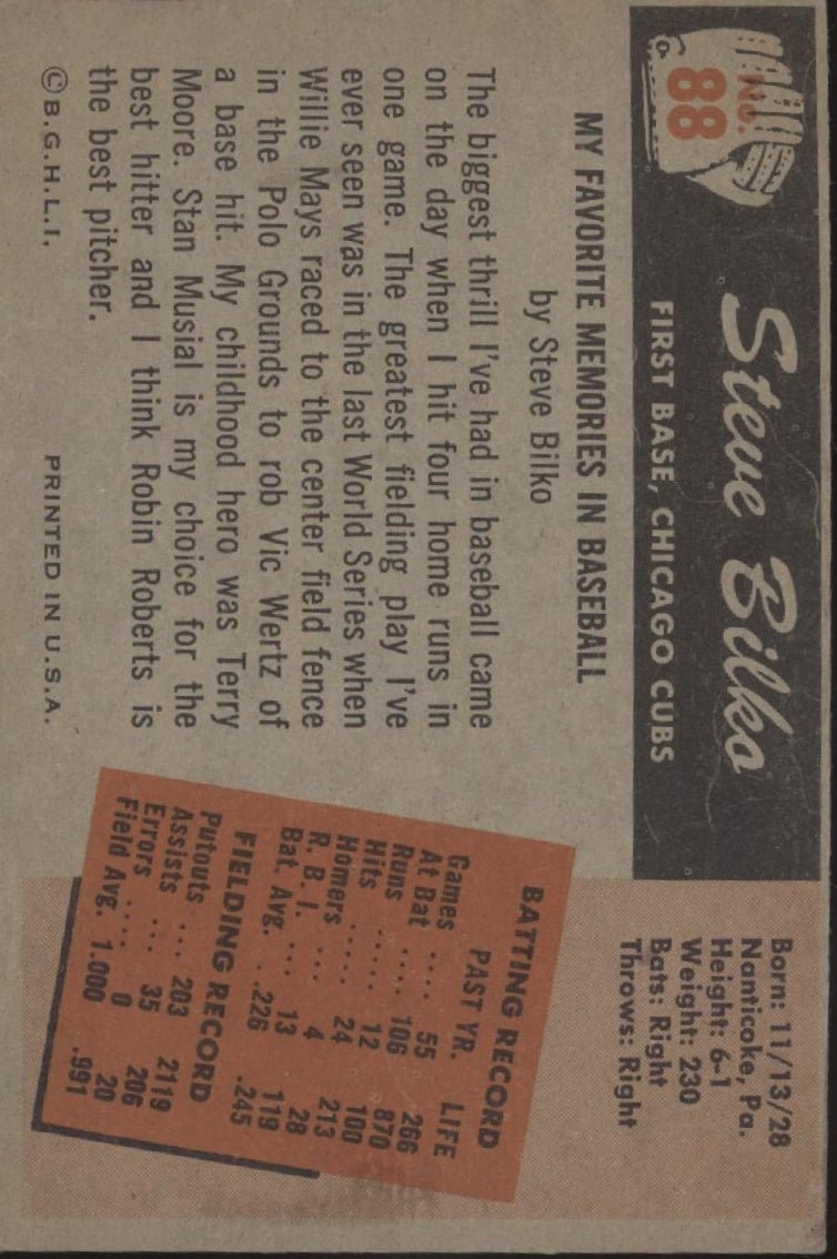 Steve Bilko 1955 Bowman #88 Chicago Cubs VG - EX - Collector Store LLC