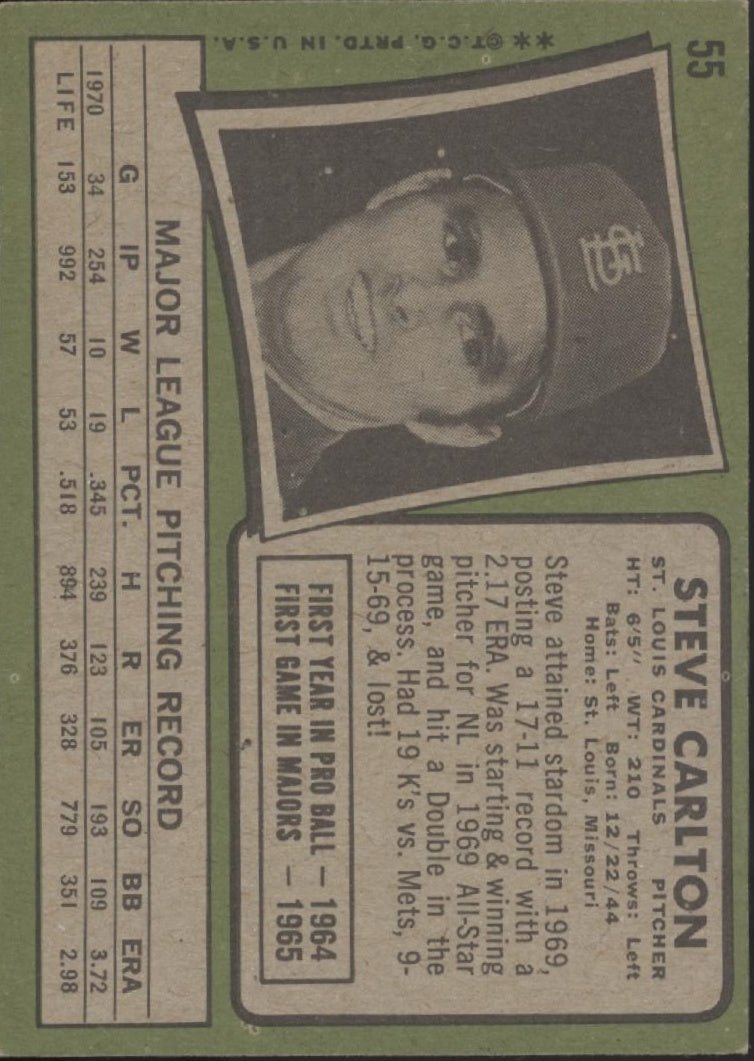 Steve Carlton 1971 Topps #55 St. Louis Cardinals VG - EX #1 - Collector Store LLC