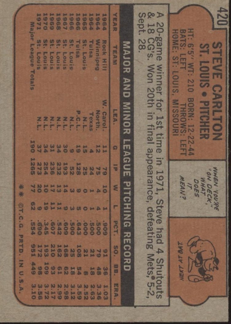 Steve Carlton 1972 Topps #420 St. Louis Cardinals EX - Collector Store LLC