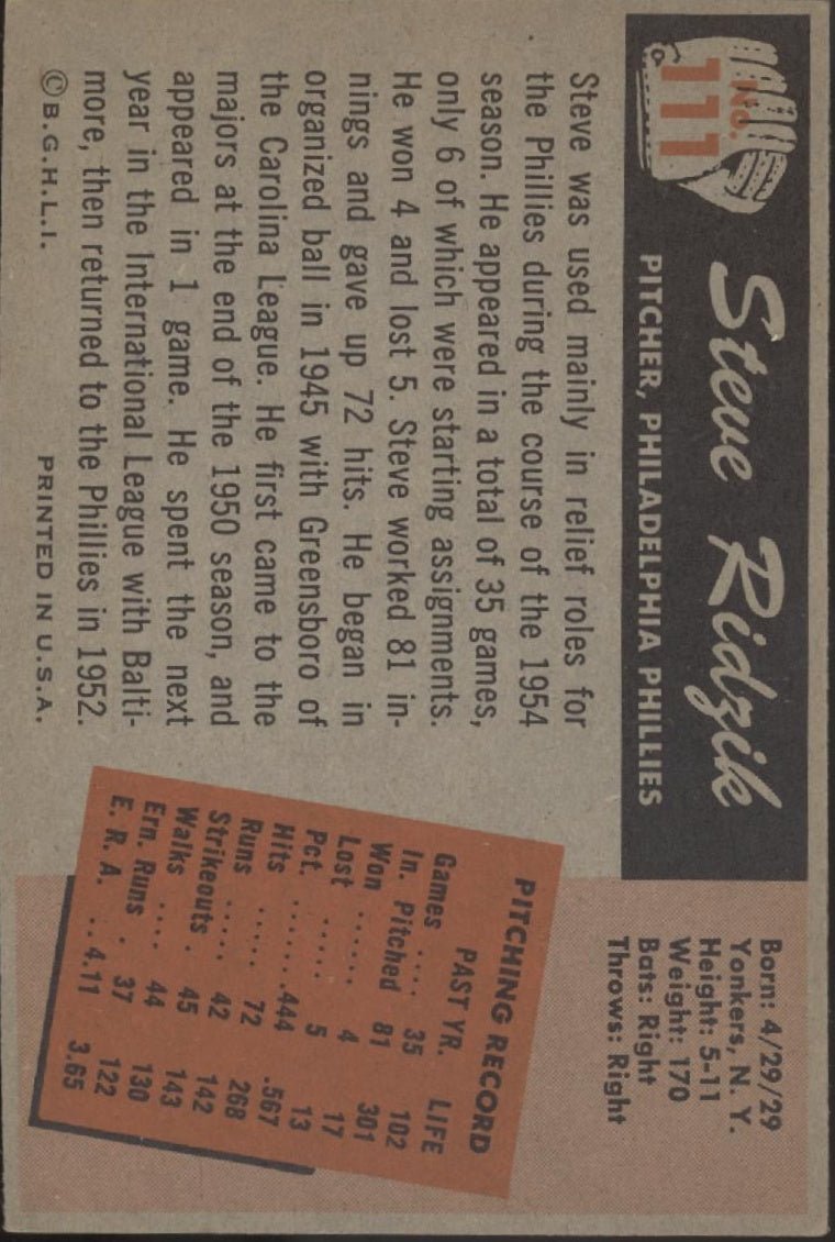 Steve Ridzik 1955 Bowman #111 Philadelphia Phillies EX #1 - Collector Store LLC