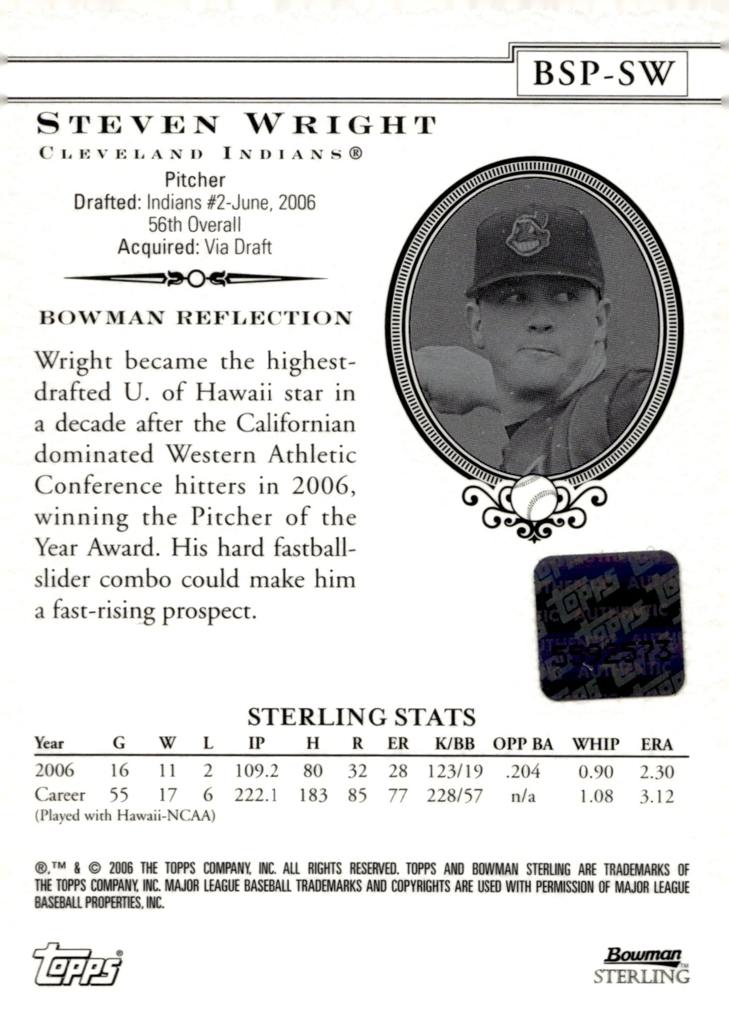 Steven Wright 2006 Bowman Sterling Prospect Auto #BSP - SW - Collector Store LLC