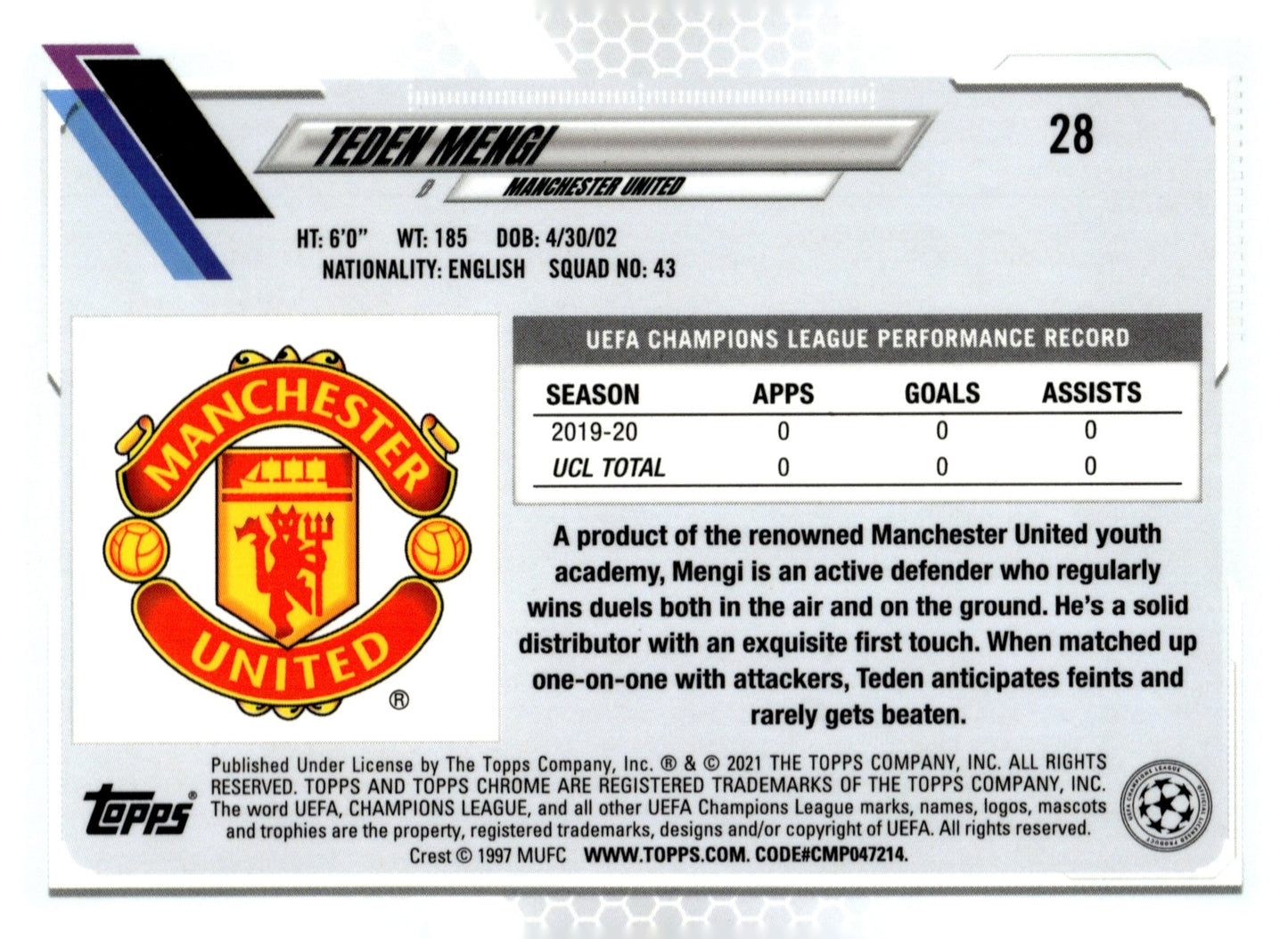 Taden Mengi 2020 - 21 Topps Chrome UEFA Champions League Blue Ice Refractor RC #28 - Collector Store LLC