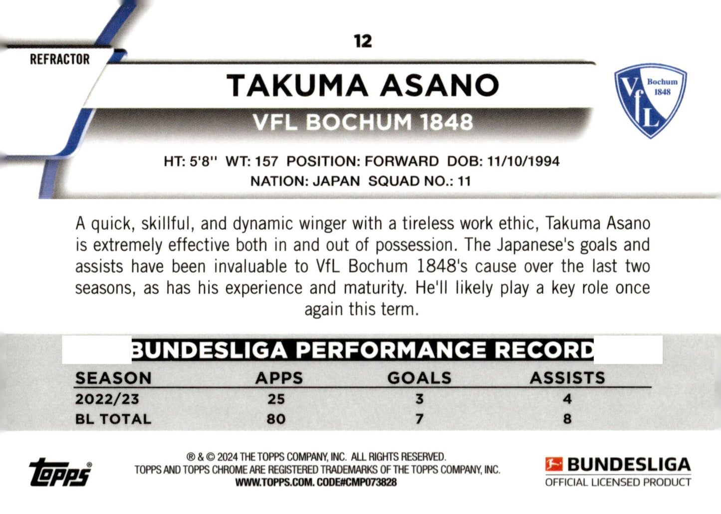 Takuma Asano 2023 - 24 Topps Chrome Bundesliga Purple Refractor 080/299 #12 - Collector Store LLC