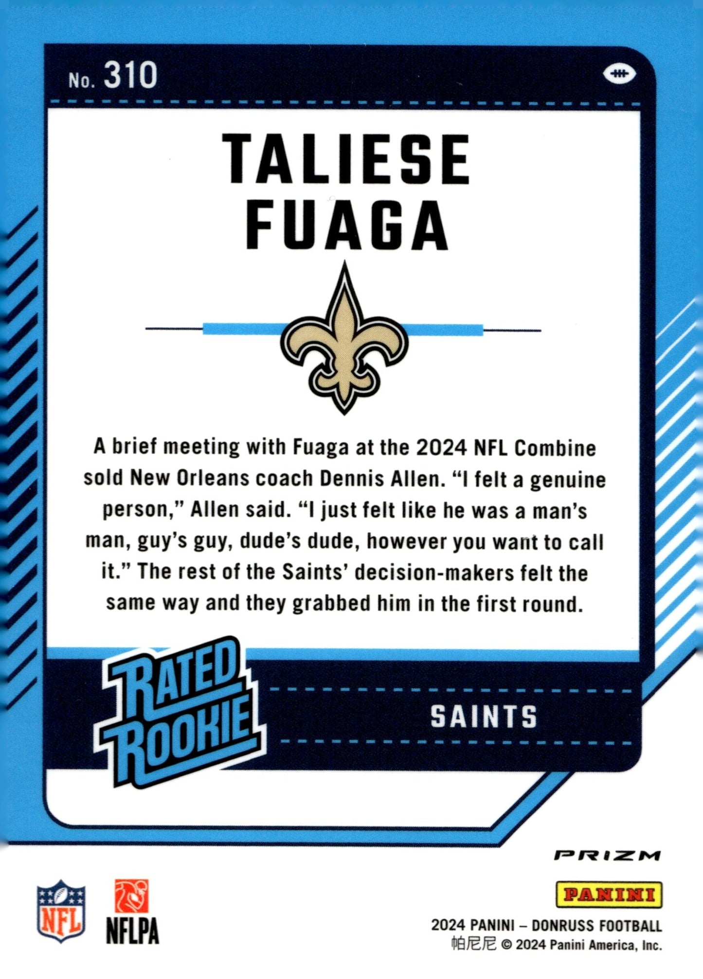 Taliese Fuaga 2024 Panini Donruss Rated Rookie Red Wave Prizm RC #310 - Collector Store LLC