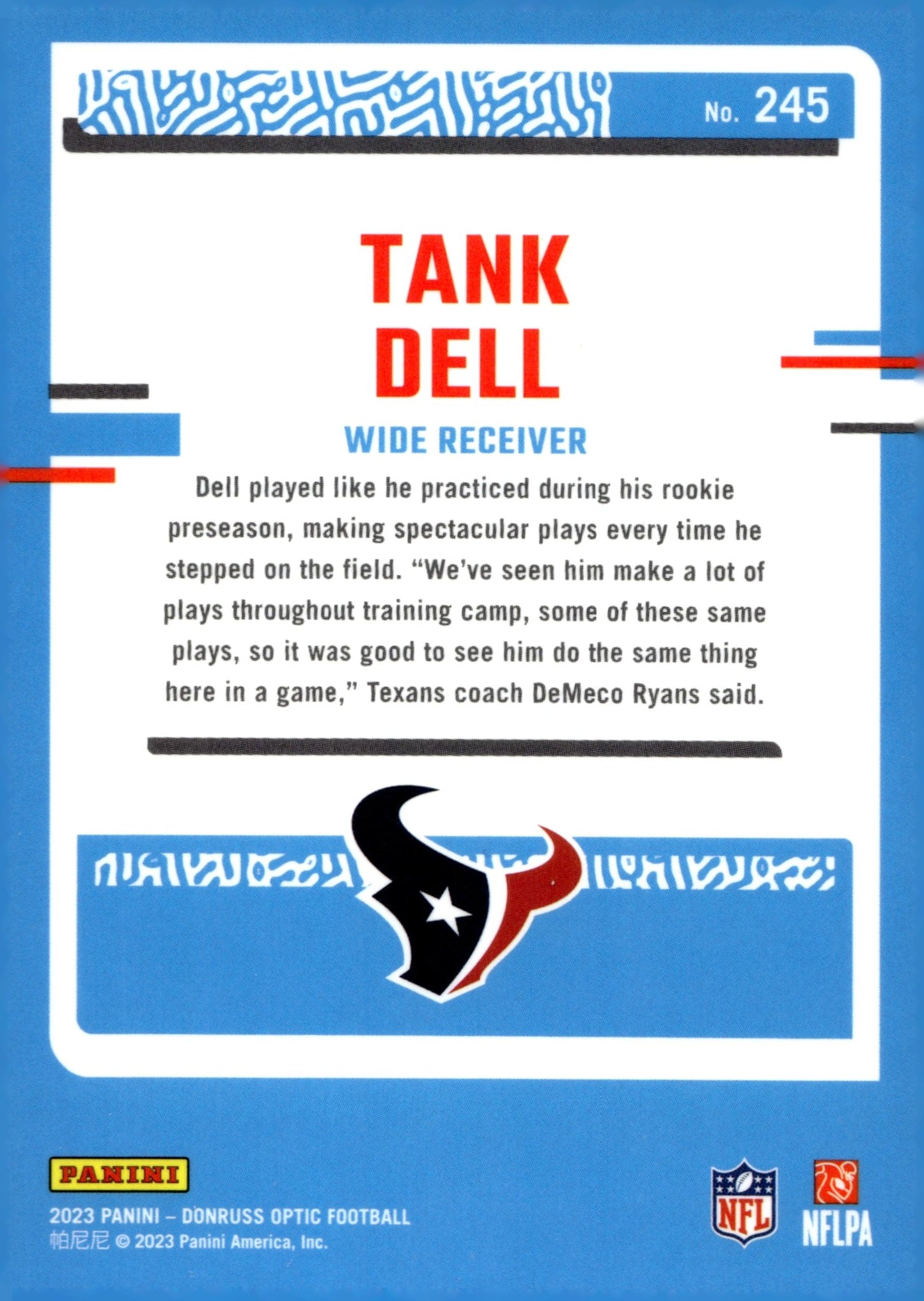 Tank Dell 2023 Panini Donruss Optic Rated Rookie RC #245 - Collector Store LLC