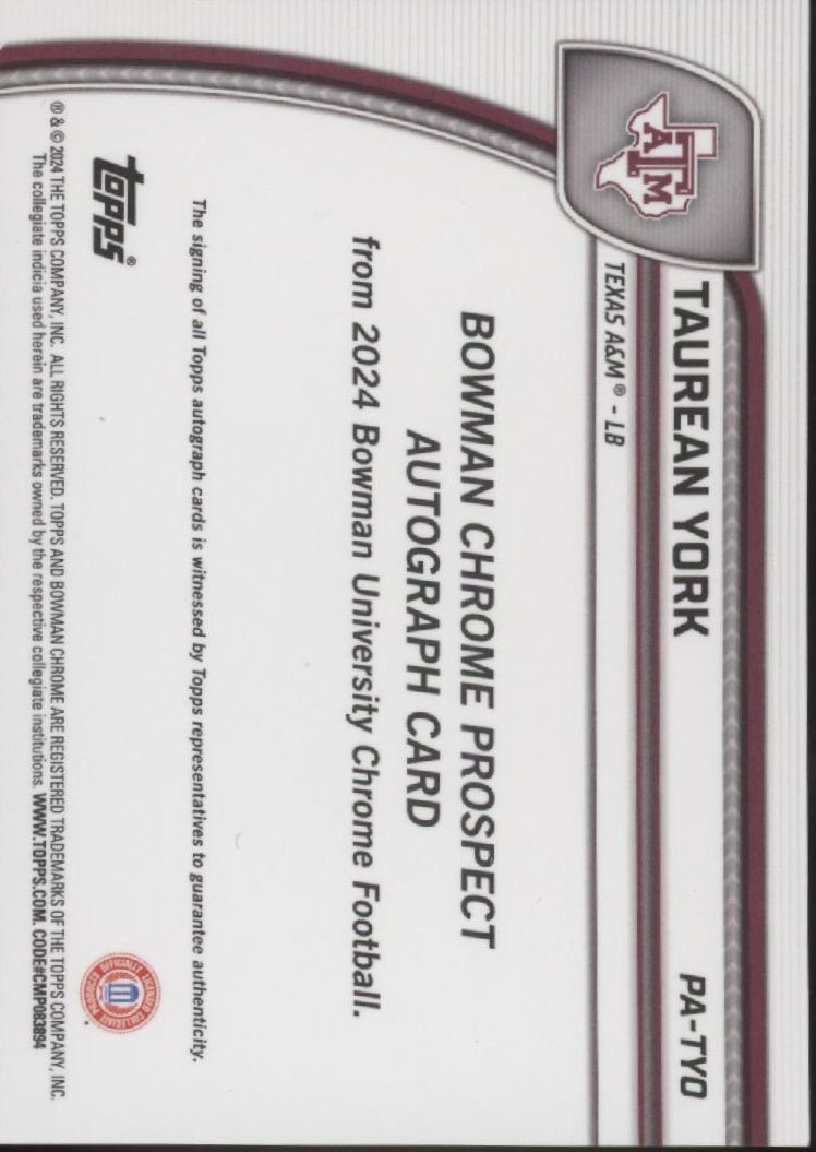 Taurean York 2024 Bowman Chrome University Shock Refractor Auto PA - TYO - Collector Store LLC