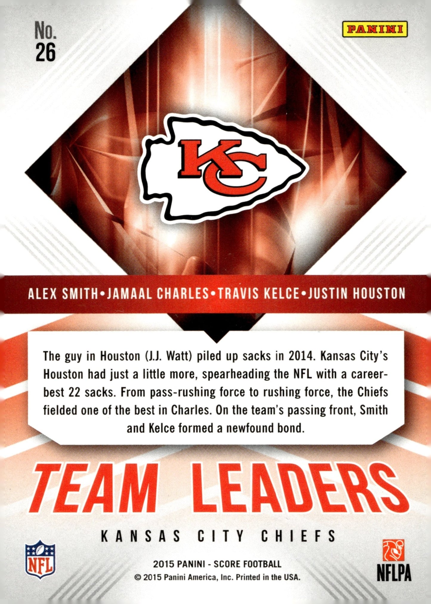 Team Leaders 2015 Panini Score Smith / Charles / Kelce / Houston #26 - Collector Store LLC