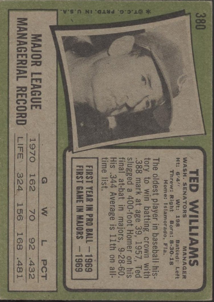 Ted Williams 1971 Topps #380 Washington Senators VG #2 - Collector Store LLC