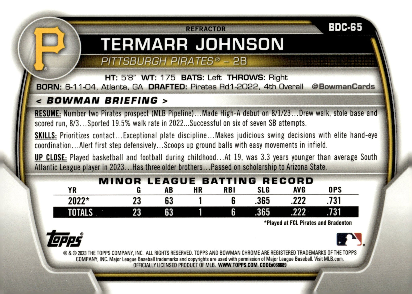 Termarr Johnson 2023 Bowman Chrome Refractor #BDC - 65 - Collector Store LLC