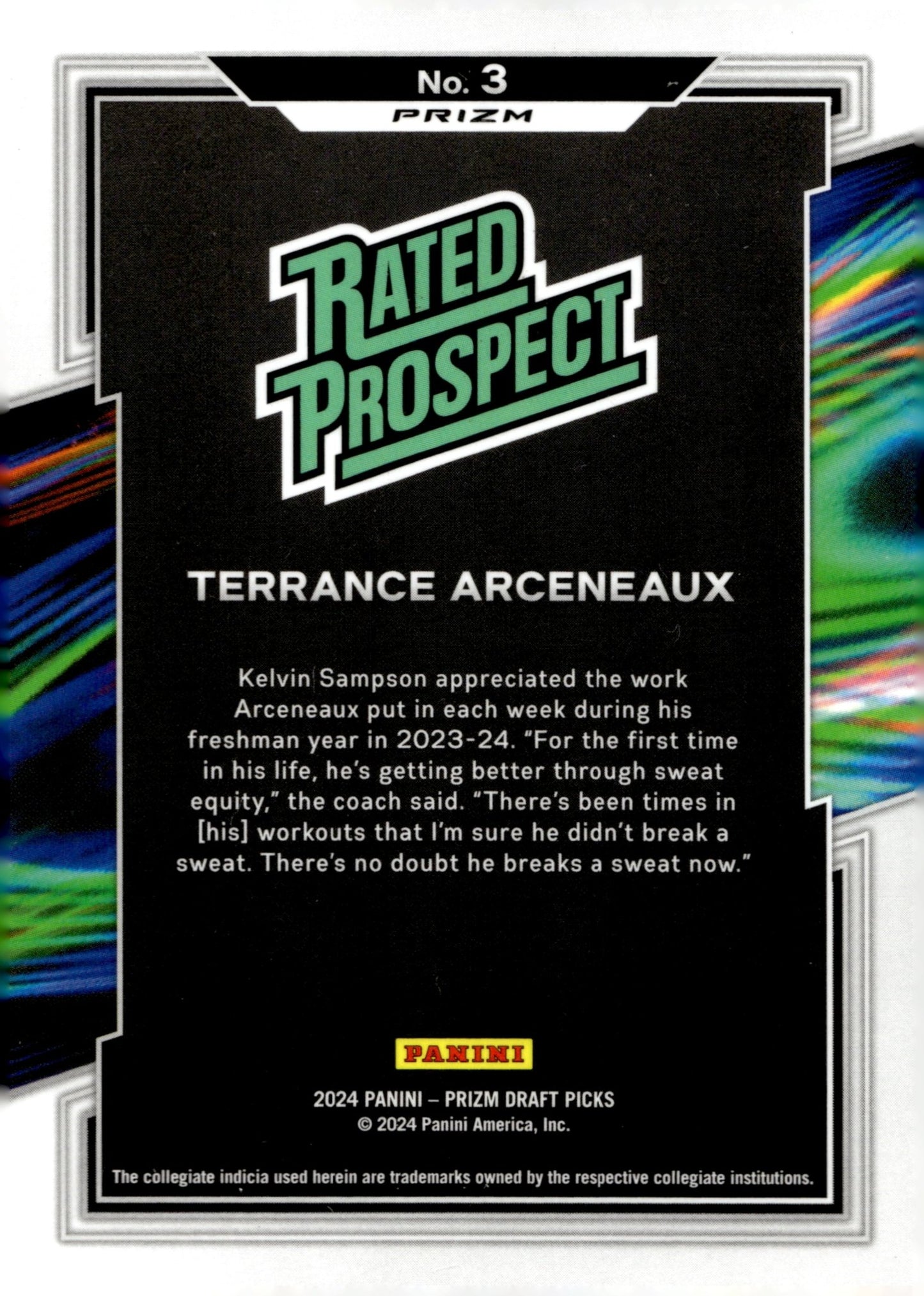 Terrance Arceneaux 2024 Panini Prizm Draft Picks Rated Prospect Prizm #3 - Collector Store LLC