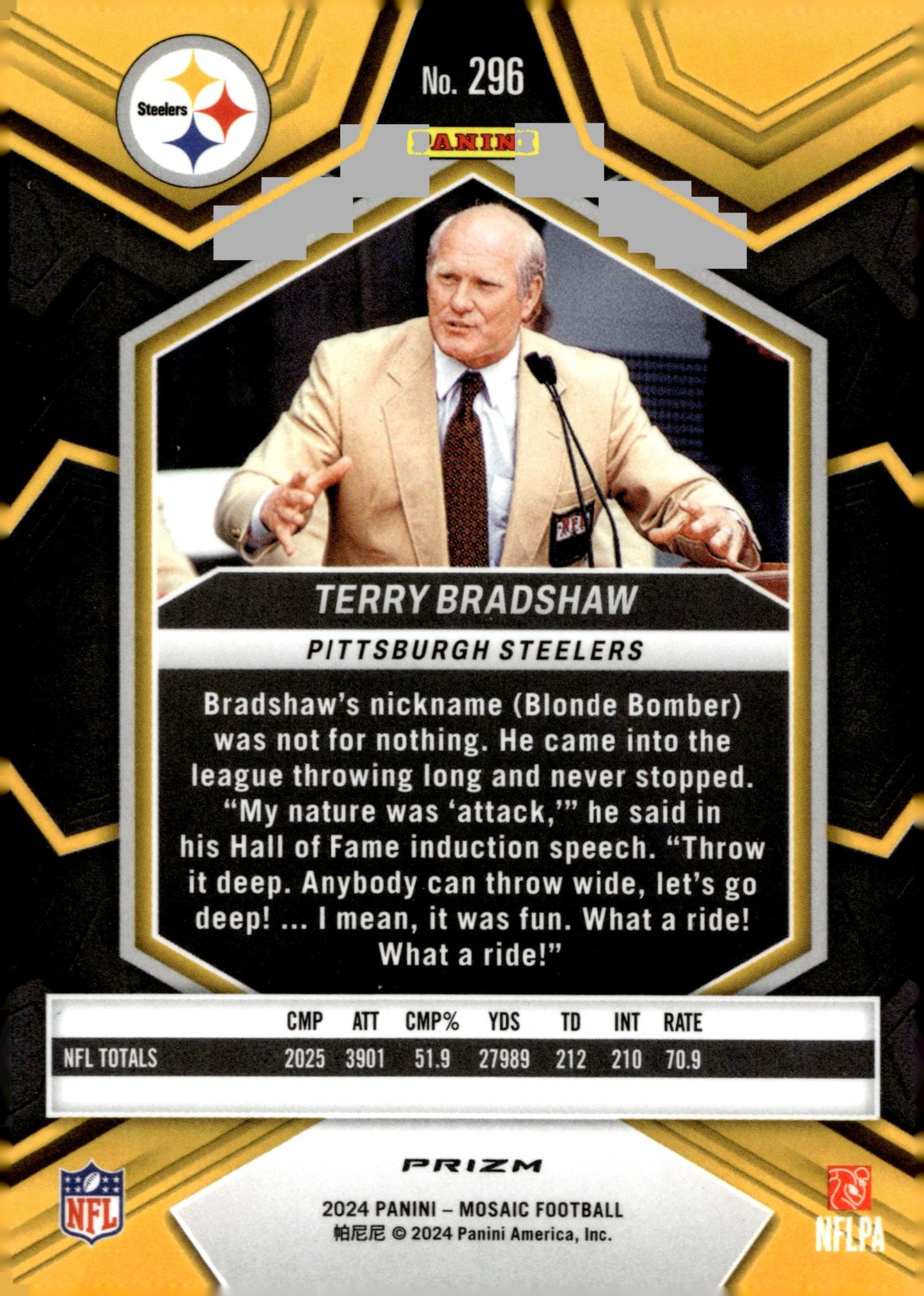 Terry Bradshaw 2024 Panini Mosaic Hall of Fame Prizm #296 - Collector Store LLC