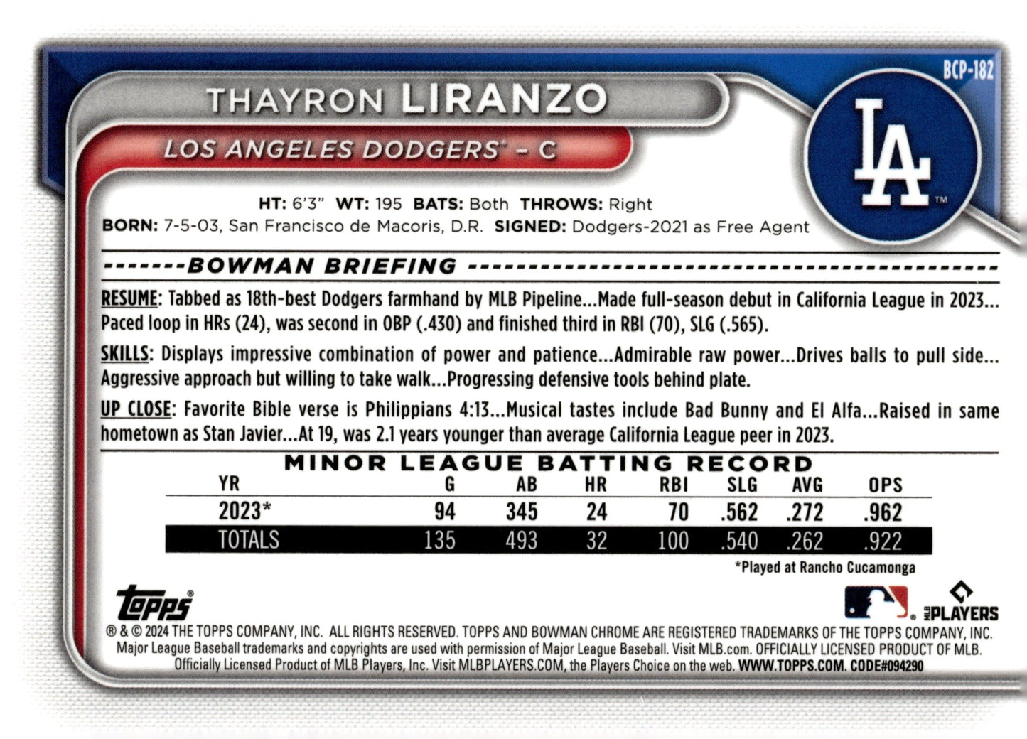 Thayron Liranzo 2024 Bowman Chrome Mojo Refractor #BCP - 182 - Collector Store LLC