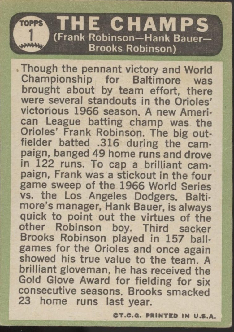 The The Champs 1967 Topps Frank Robinson / Hank Bauer / Brooks Robinson #1 GD #2 - Collector Store LLC