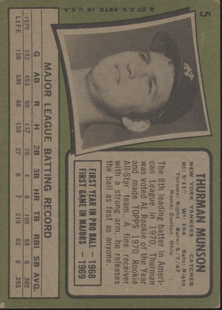 Thurman Munson 1971 Topps #5 New York Yankees GD - Collector Store LLC