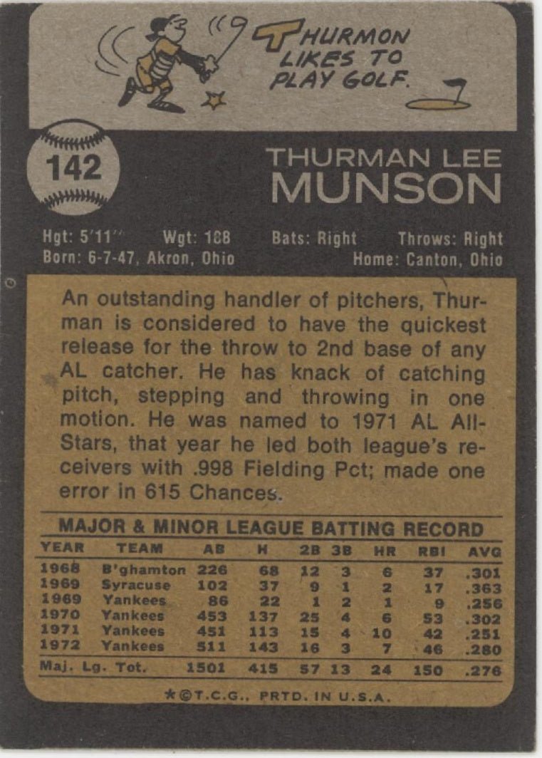 Thurman Munson 1973 Topps 142 New York Yankees VG 2 - Collector Store LLC