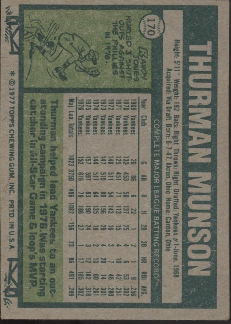 Thurman Munson 1977 Topps #170 New York Yankees VG - EX #1 - Collector Store LLC