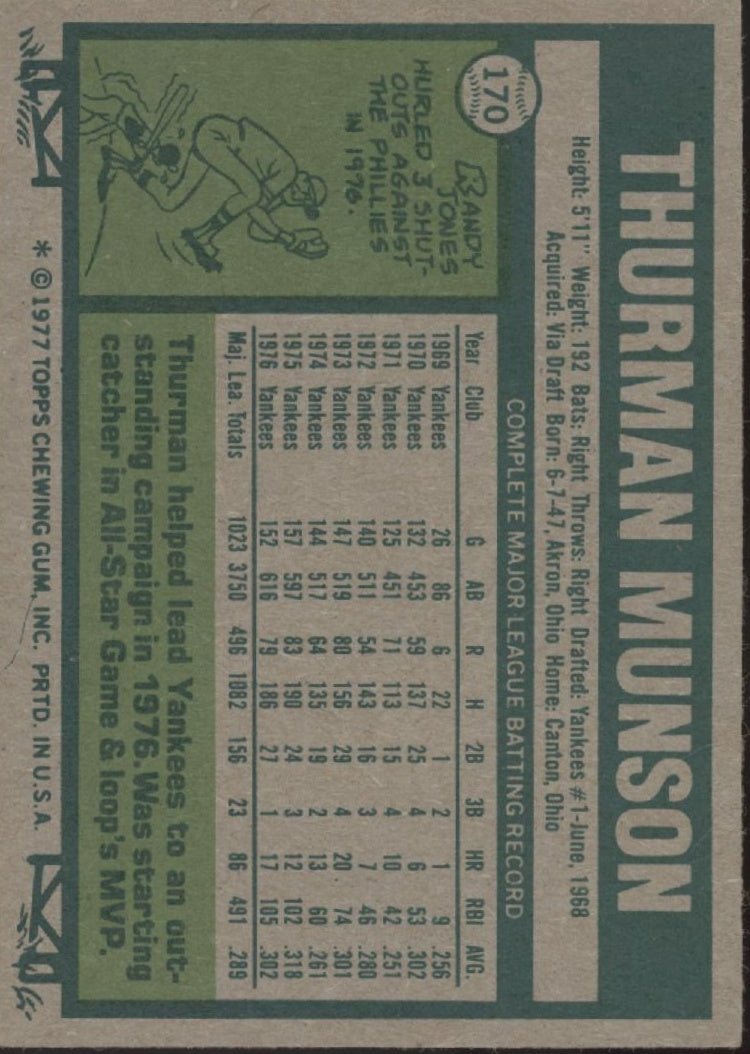 Thurman Munson 1977 Topps #170 New York Yankees VG - EX #2 - Collector Store LLC