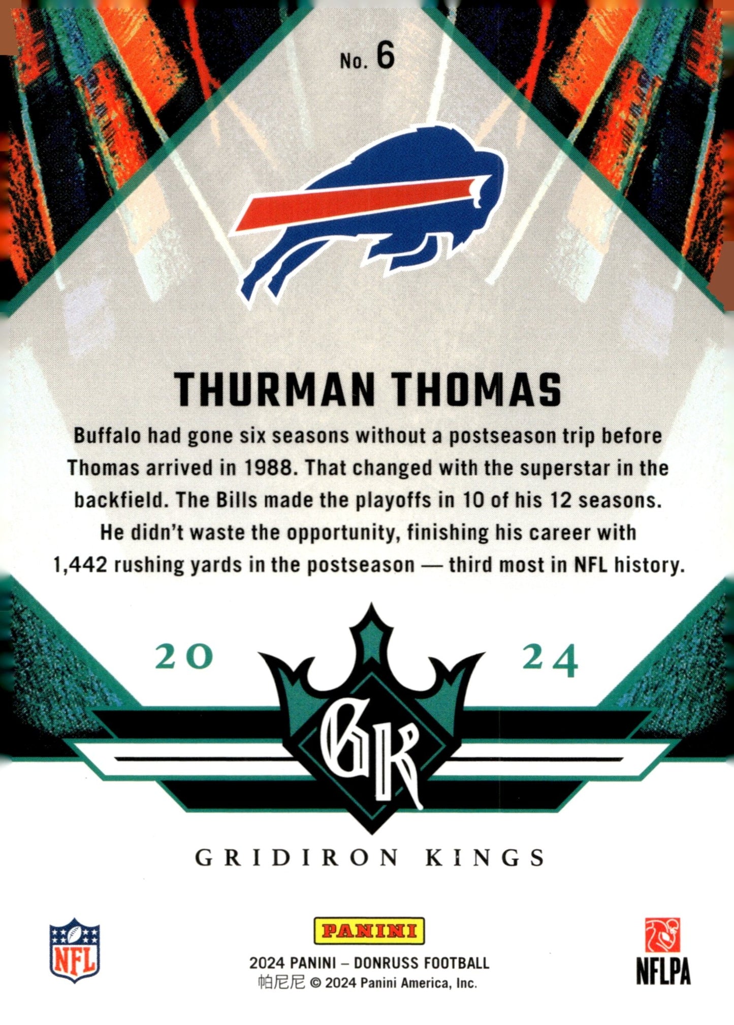 Thurman Thomas 2024 Panini Donruss Gridiron Kings #6 - Collector Store LLC