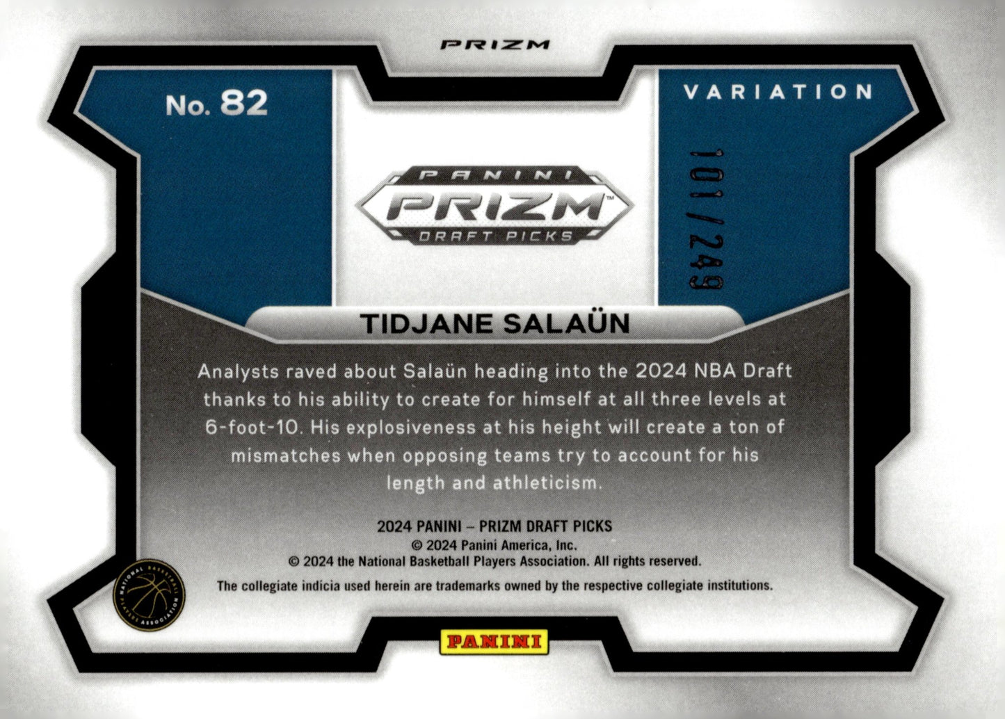 Tidjane Salun 2024 Panini Prizm Draft Picks Variation Blue Wave Prizm RC 101/249 - Collector Store LLC