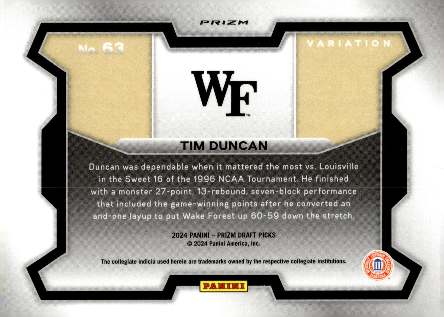 Tim Duncan 2024 Panini Prizm Draft Picks Variation Green Prizm #63 - Collector Store LLC