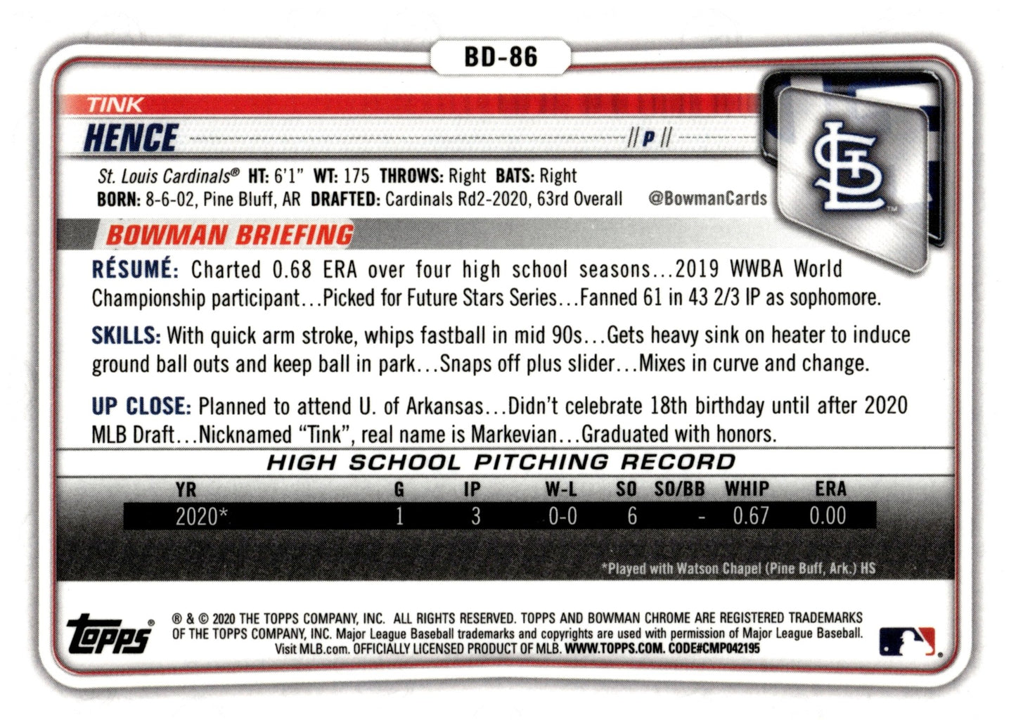 Tink Hence 2020 Bowman Chrome Prospects #BD - 86 - Collector Store LLC