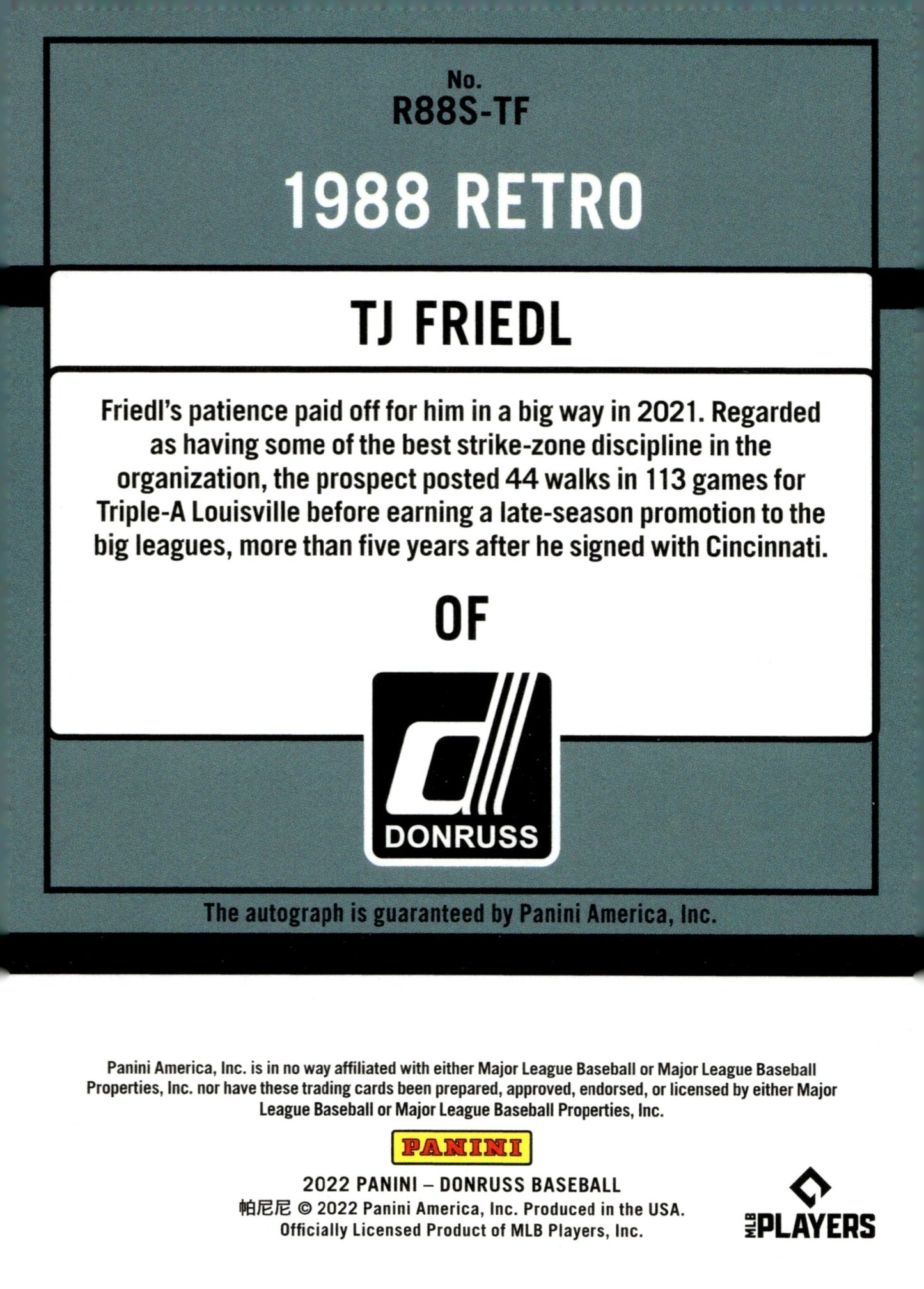 TJ Friedl 2022 Panini Donruss '88 Retro Auto #R88S - TF - Collector Store LLC