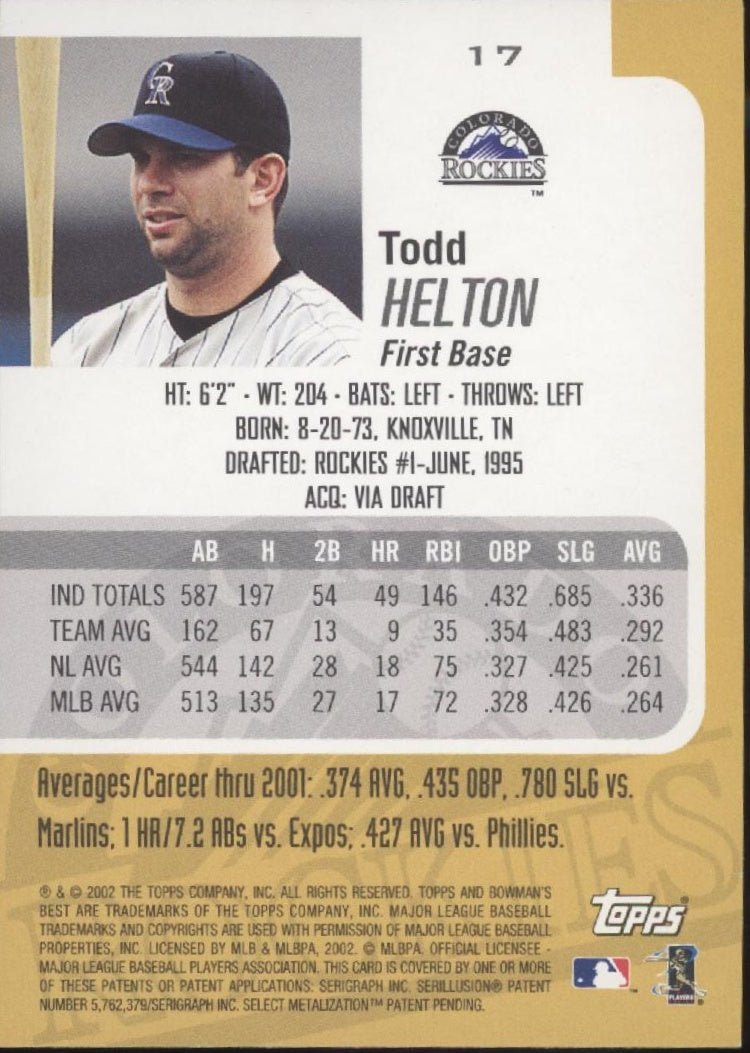 Todd Helton 2002 Bowman's Best #17 - Collector Store LLC