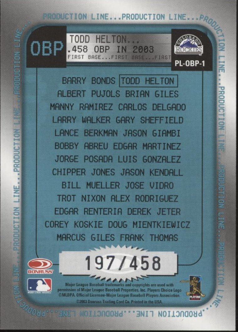 Todd Helton 2003 Donruss Production Line 197/458 - Collector Store LLC