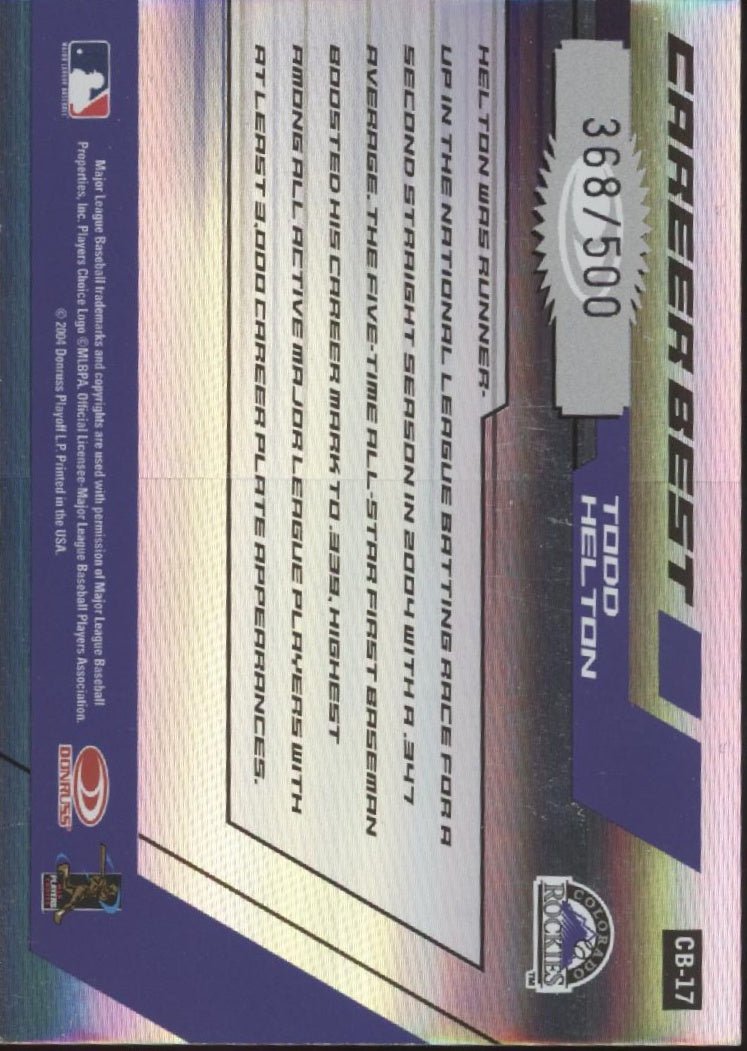 Todd Helton 2004 Donruss Elite Extra Edition Career Best All Star Game 368/500 - Collector Store LLC