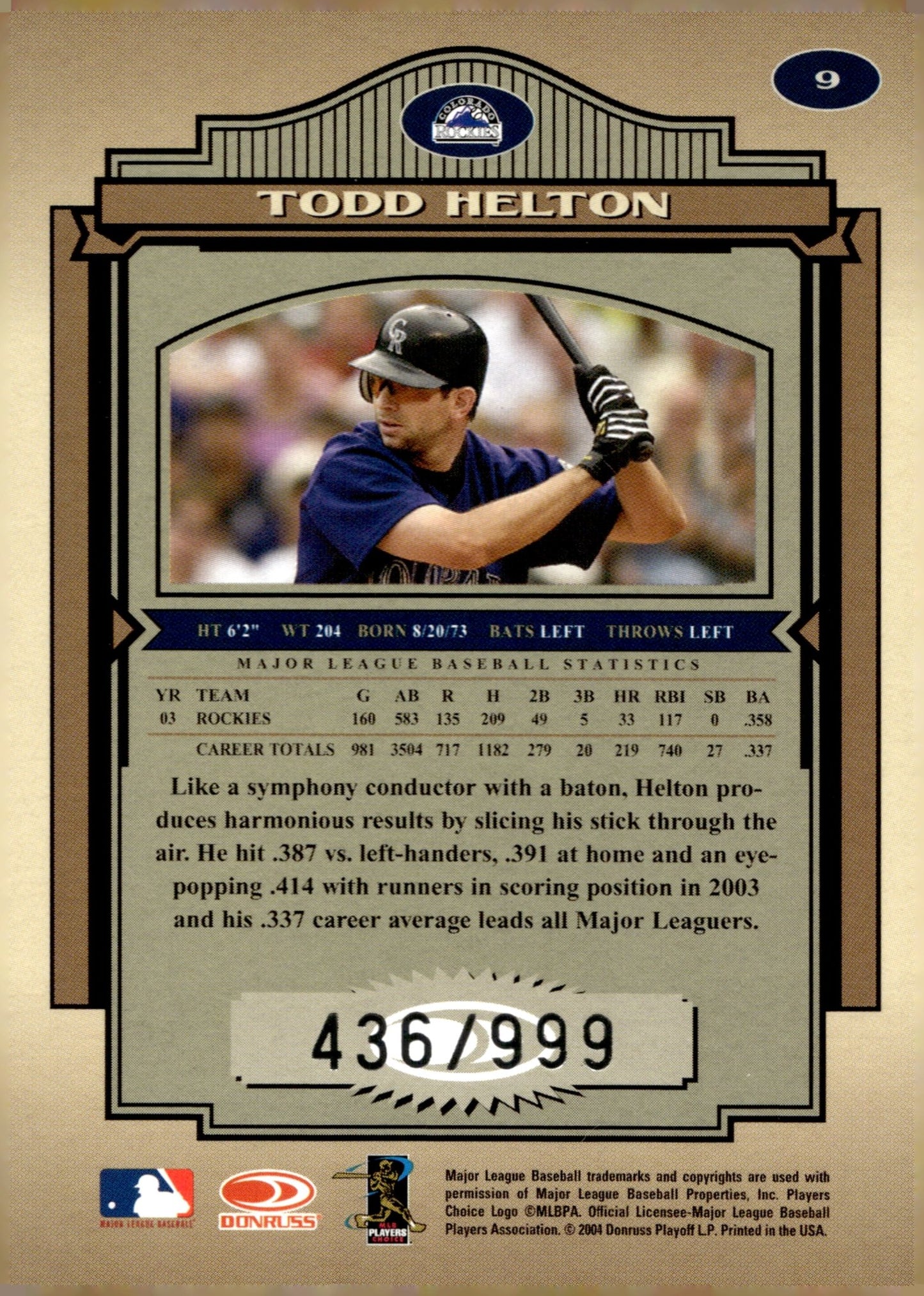 Todd Helton 2004 Donruss Timeless Treasures 436/999 #9 - Collector Store LLC