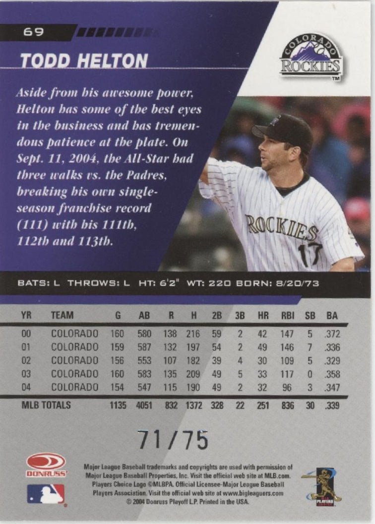 Todd Helton 2005 Leaf Press Proof Blue 71/75 #69 - Collector Store LLC