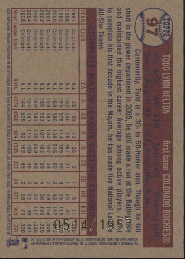 Todd Helton 2006 Topps Chrome Heritage 0514/1957 #97 - Collector Store LLC