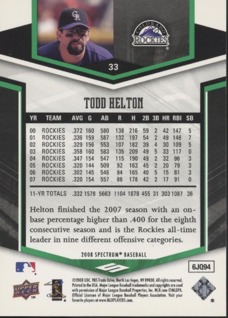 Todd Helton 2008 Upper Deck Spectrum Green 124/199 #33 - Collector Store LLC