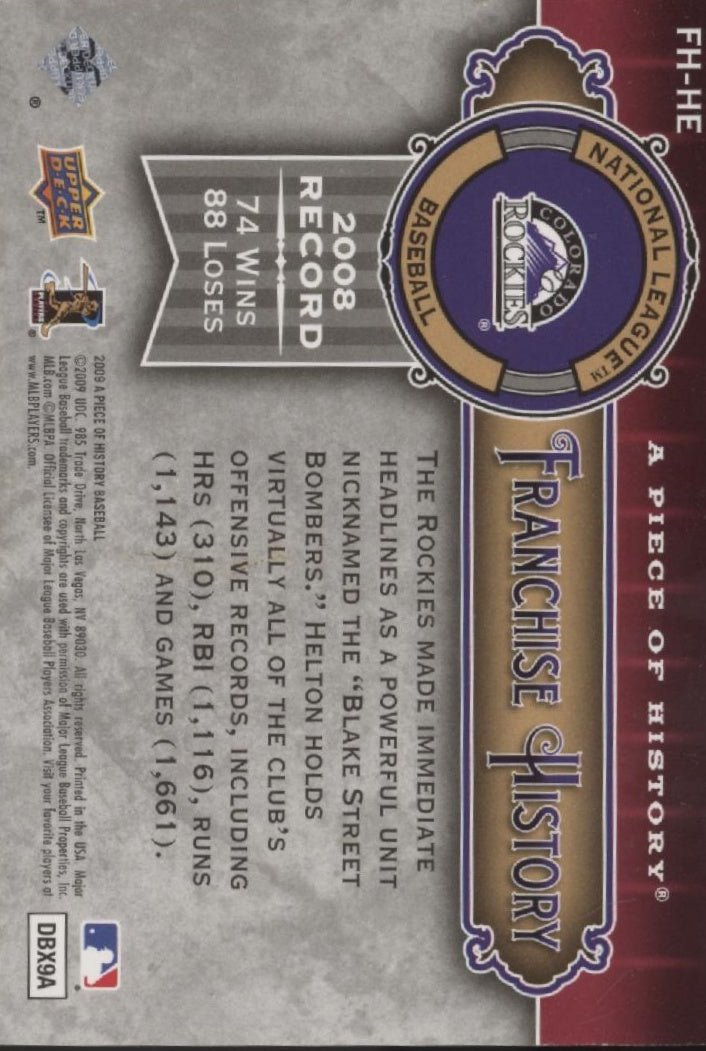 Todd Helton 2009 Upper Deck A Piece of History Franchise History #FH - HE - Collector Store LLC
