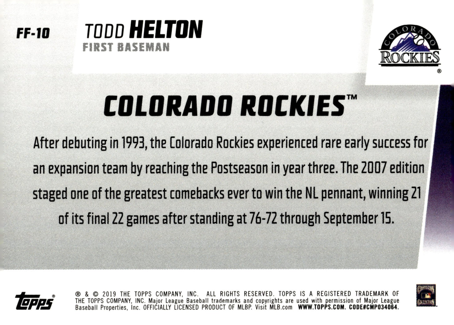 Todd Helton 2019 Topps Franchise Feats #FF - 10 - Collector Store LLC