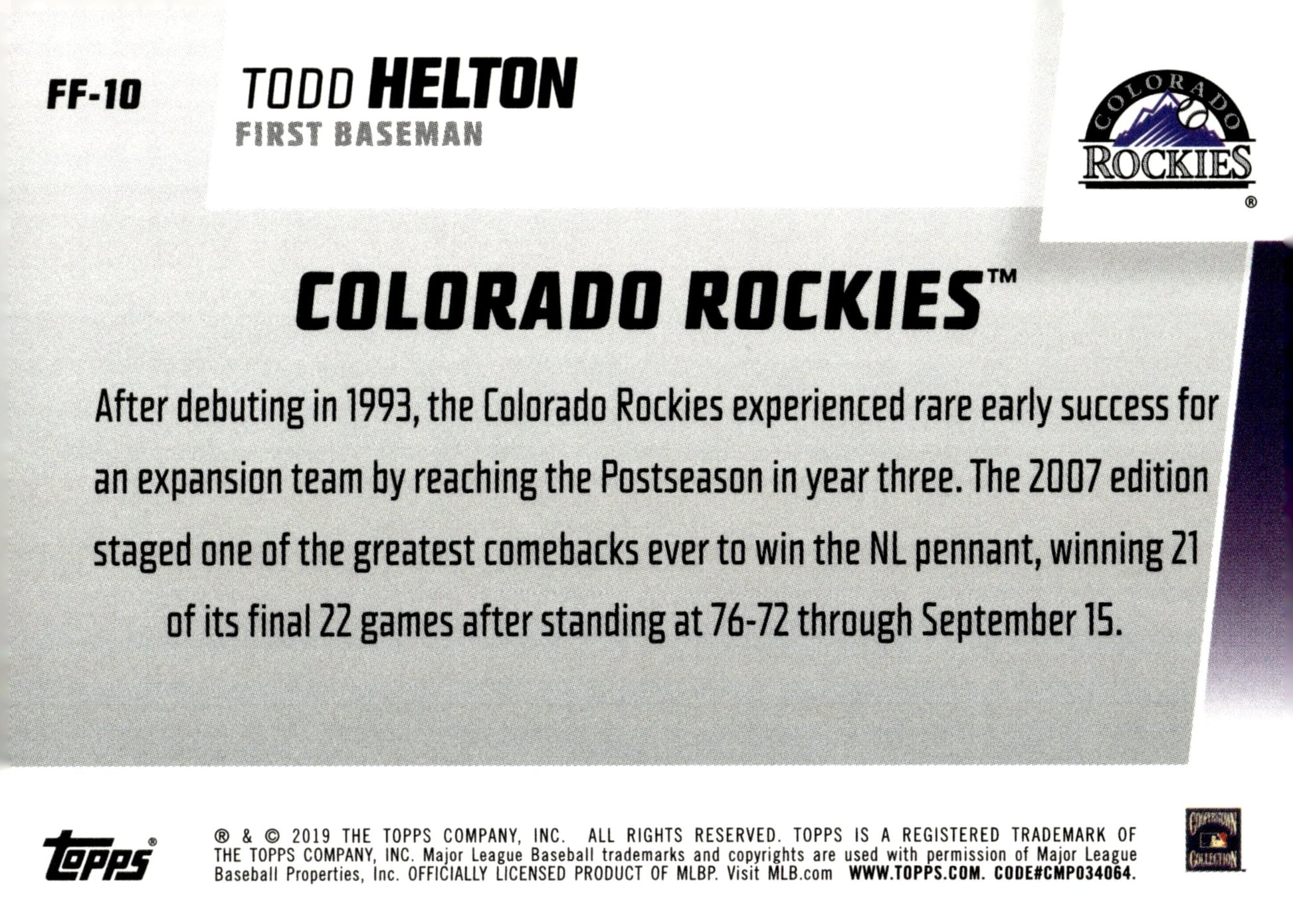 Todd Helton 2019 Topps Franchise Feats #FF - 10 - Collector Store LLC