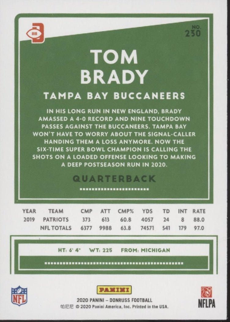Tom Brady 2020 Panini Donruss Press Proof Blue #230 - Collector Store LLC