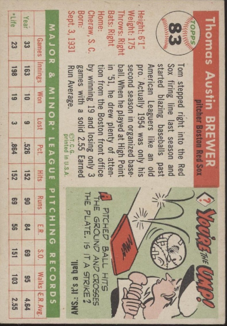 Tom Brewer 1955 Topps RC #83 Boston Red Sox VG - EX #2 - Collector Store LLC