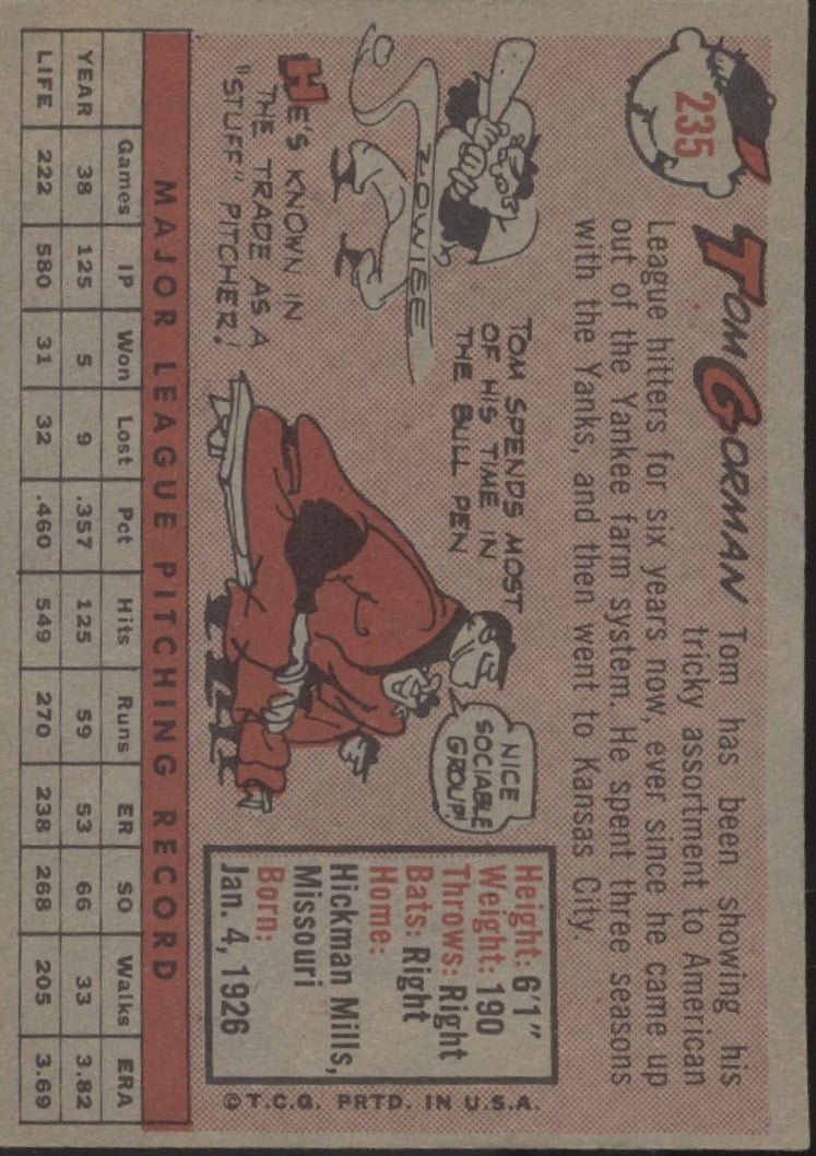 Tom Gorman 1958 Topps #235 Kansas City Athletics EX - Collector Store LLC