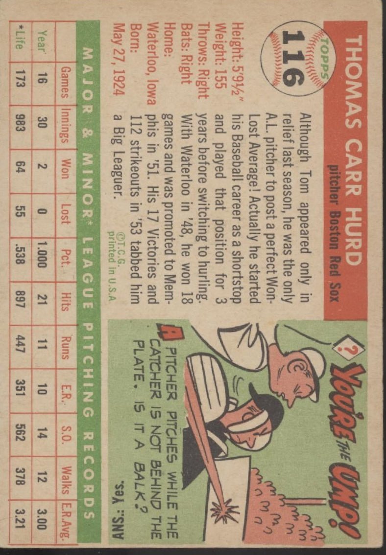 Tom Hurd 1955 Topps RC #116 Boston Red Sox VG - Collector Store LLC