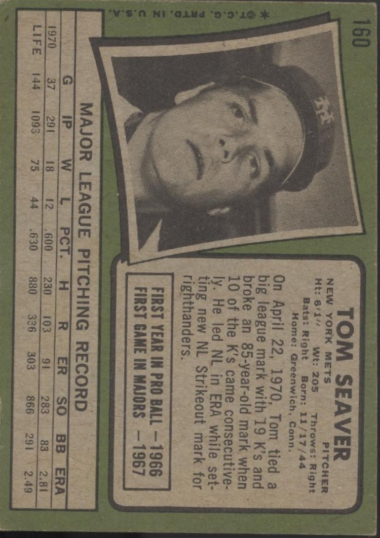 Tom Seaver 1971 Topps 160 New York Mets VG - Collector Store LLC