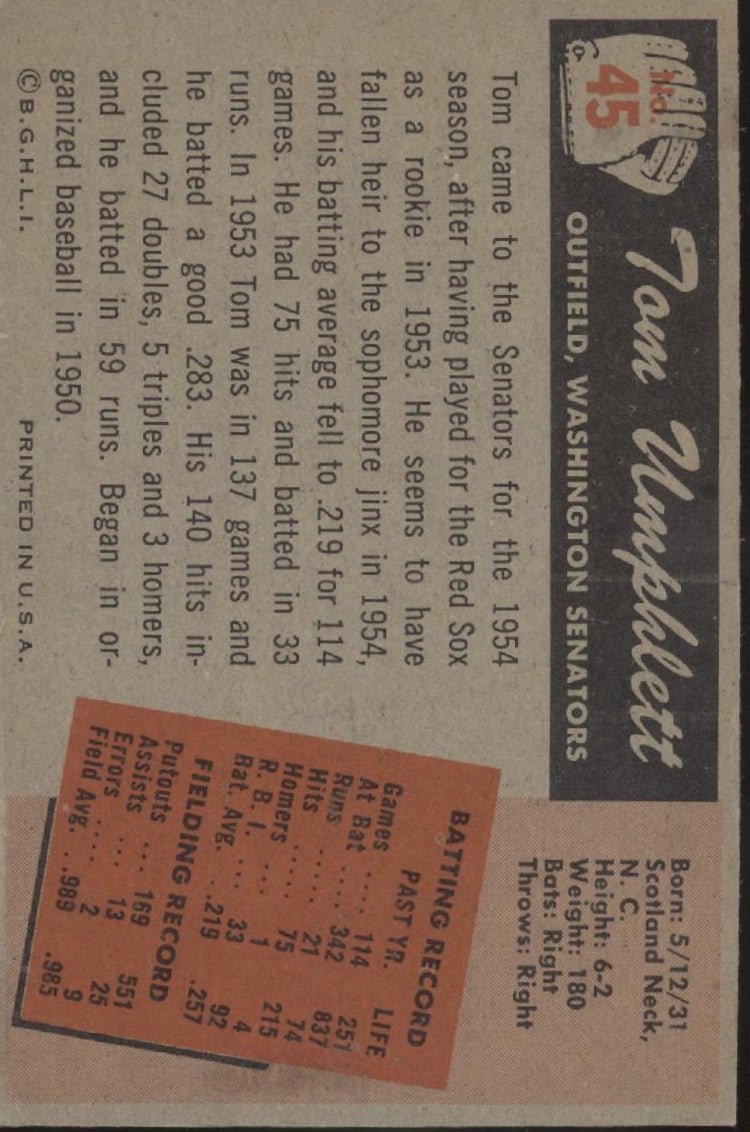 Tom Umphlett 1955 Bowman #45 Washington Senators VG - Collector Store LLC