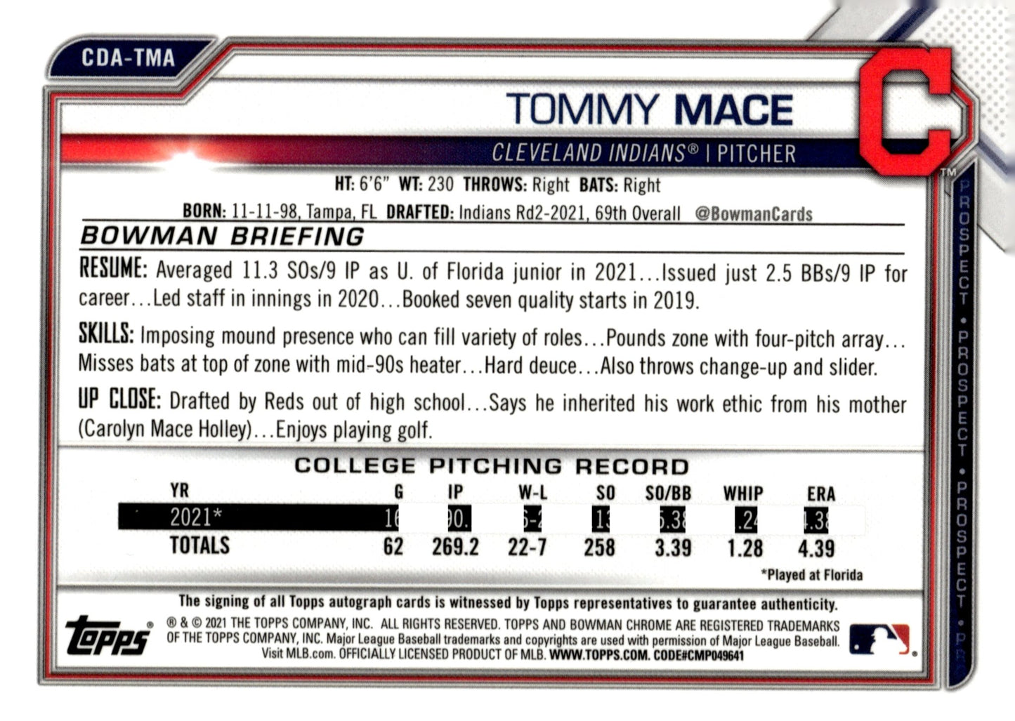 Tommy Mace 2021 Bowman Chrome Prospects Auto #CDA - TMA - Collector Store LLC