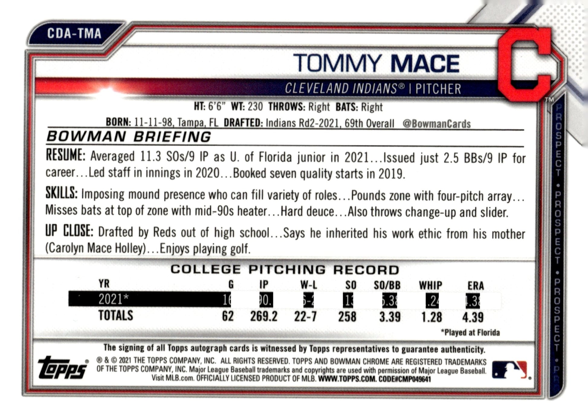 Tommy Mace 2021 Bowman Chrome Prospects Auto #CDA - TMA - Collector Store LLC